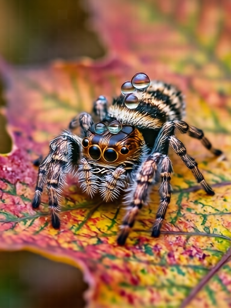 A macro photography shot of a tiny jumping spider with water droplets on its head, sitting on a vibrantly colored autumn leaf, incredible microscopic detail, shallow depth of field, National Geographic style.